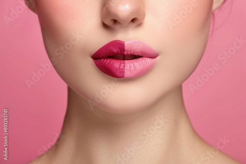 Close up of a woman s face with pink lipstick  perfect for beauty and cosmetics concepts