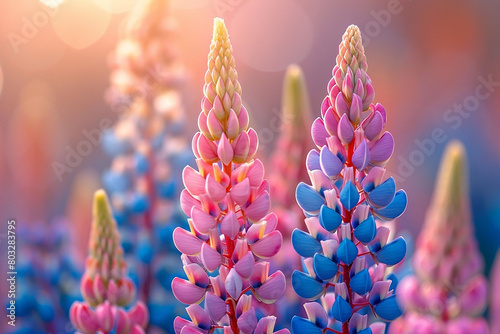 Colorful lupine flowers on blurred background. Selective focus. photo