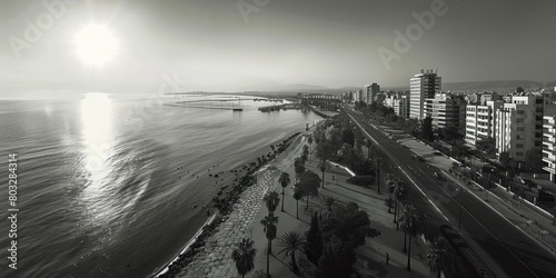 A stunning black and white cityscape by the ocean. Perfect for urban and travel concepts