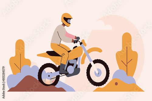 Dirt biker in full gear cruises across a desert landscape