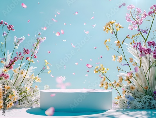 Product Photography,round flat podiumwitn bluesky,Some dean sand,Morandicolor matching,2 surrounded byflowerswith petals falling sunlightrefractinghigh detail, high quality,photography photo