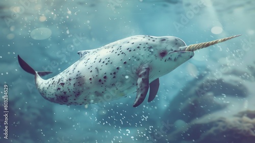 A unique narwhal with a unicorn horn swimming in the ocean. Perfect for fantasy or marine-themed designs