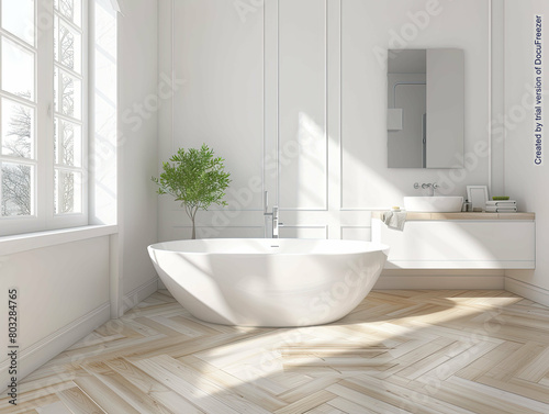 Brightly lit airy bathroom with white tiles