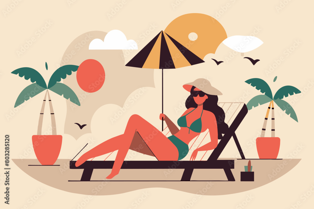 A stylish woman rests on a chair near palm trees as the sun sets