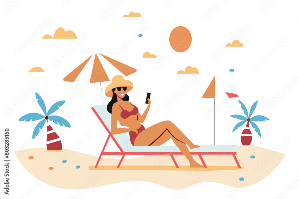 A woman lounges on a beach chair, holding a phone, at sunset
