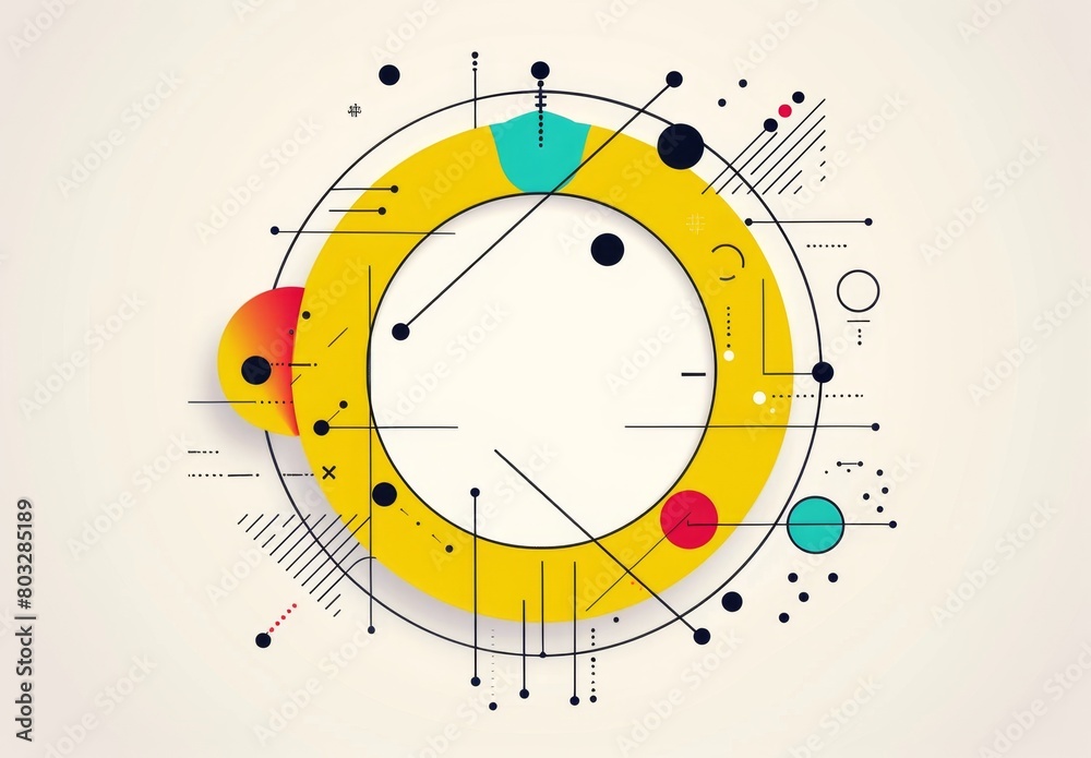 A yellow circle with an abstract design of various shapes and lines around it, representing data or information Generative AI A yellow circle with an abstract design of various shapes and lines around it, representing data or information Generative AI