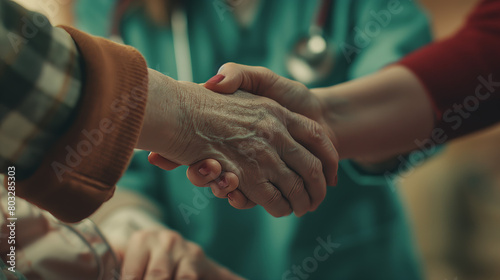 A compassionate medical professional is seen offering comfort and emotional support to an elderly individual
