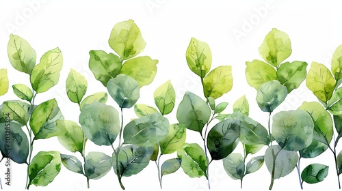 Seamless floral pattern with watercolor green branches with leaves, hand drawn isolated on white background banner photo