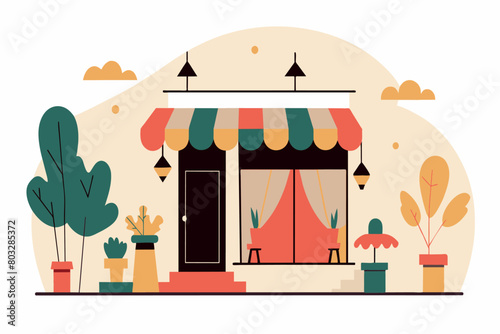 Quaint shopfront illustration with plants, trees, and warm colors