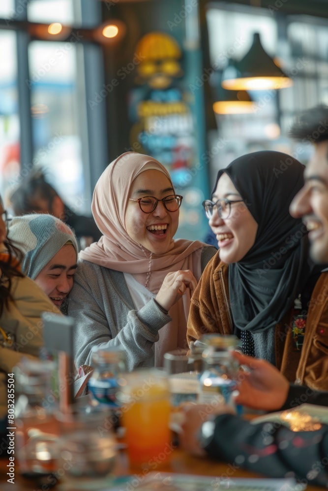 A group of individuals gathered around a wooden table. Perfect for business meetings or social gatherings A group of individuals gathered around a wooden table. Perfect for business meetings or social gatherings