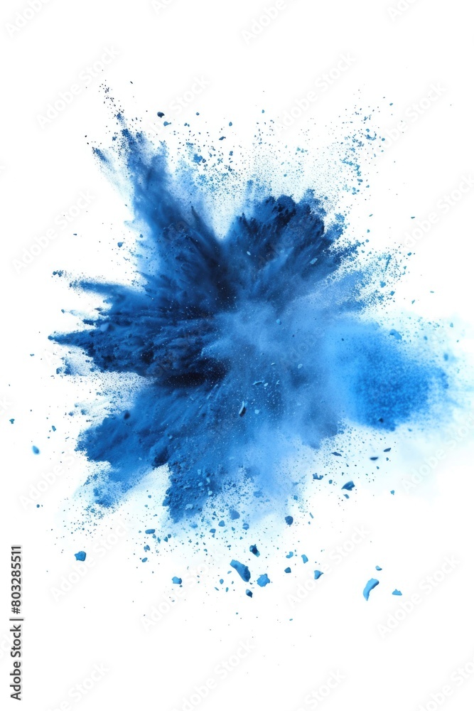 Vibrant blue powder exploding on a clean white background, ideal for creative design projects Vibrant blue powder exploding on a clean white background, ideal for creative design projects