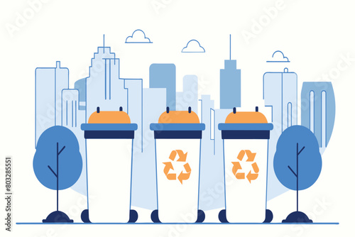 Three recycling bins in a stylized cityscape promote eco-friendliness