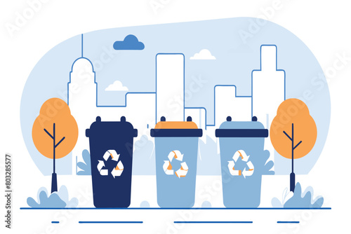 Recycling bins line up for waste sorting against a city backdrop