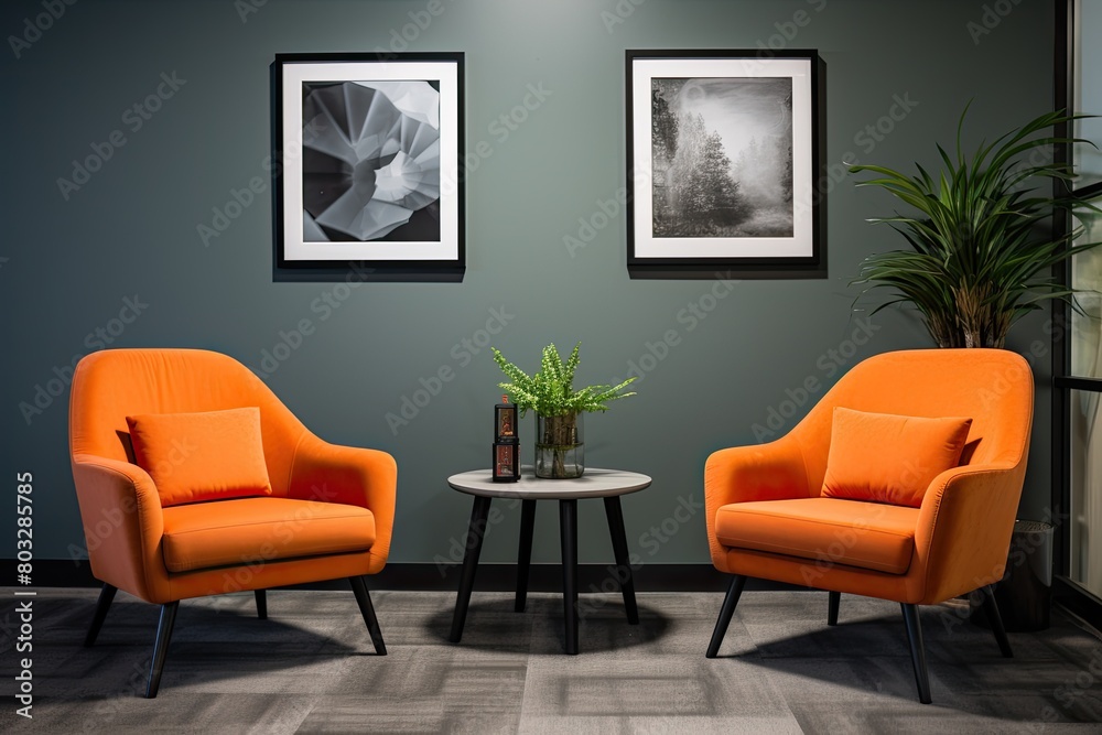 A room with a large painting on the wall and a few orange chairs. The room is well lit and has a modern feel A room with a large painting on the wall and a few orange chairs. The room is well lit and has a modern feel