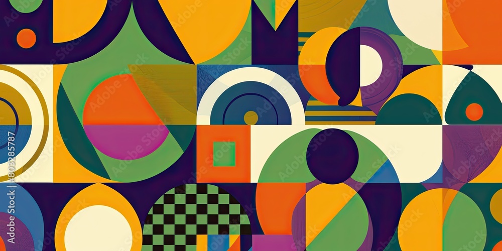 A colorful poster with bold geometric shapes and patterns,Listening to the music of minimalism, colorful circles, stripes and squares in a yellow, green, blue, purple and orange red palette