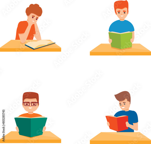 Book reading icons set cartoon vector. Male character reading paper book. Education, hobby