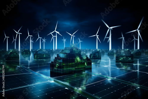 Renewable Energy Technology with Green and Blue Solar Panels and Wind Turbines Demonstrating Sustainable Energy Solutions on Black Background