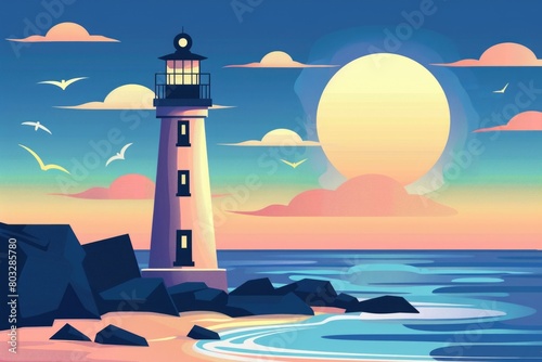 A beautiful lighthouse standing on a rocky beach at sunset. Perfect for travel and nature concepts