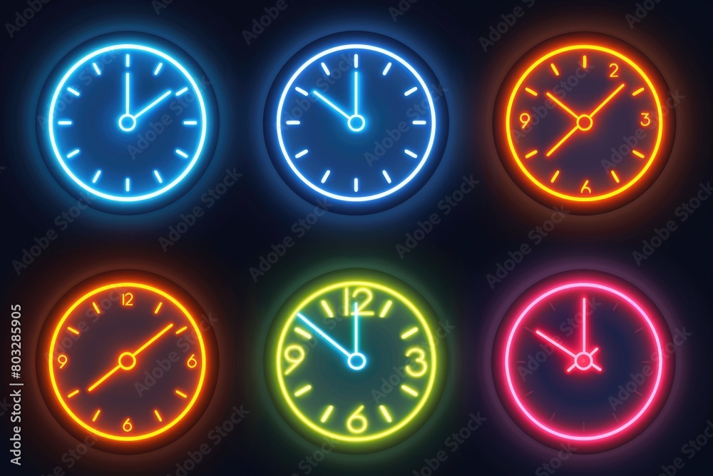 Neon clocks displaying various time zones, perfect for illustrating global concepts Neon clocks displaying various time zones, perfect for illustrating global concepts