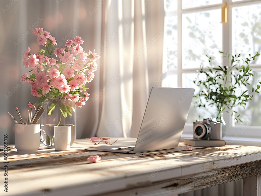Fototapeta premium Flowers in a vase on a wooden table with a laptop and camera