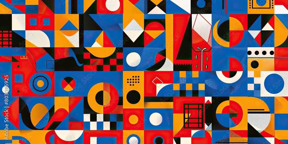 A flat design of an abstract geometric pattern with bold, primary colors like red and blue, featuring triangles, circles, squares'; A flat design of an abstract geometric pattern with bold, primary colors like red and blue, featuring triangles, circles, squares';