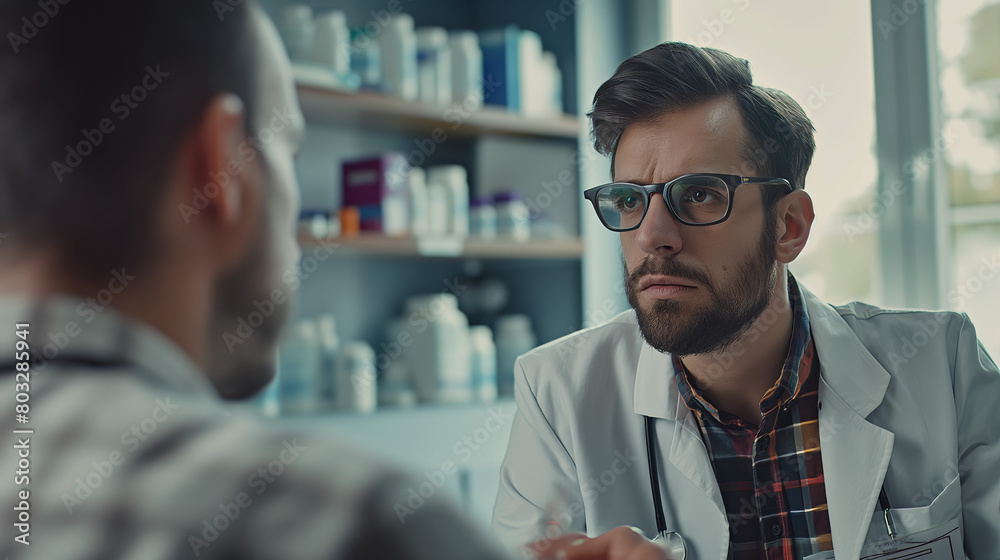 Excluding the blurred face, this image captures a professional pharmacist giving medical consultation to a patient in a modern pharmacy
