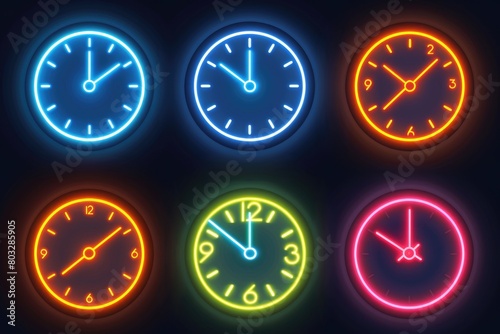 Neon clocks displaying various time zones, perfect for illustrating global concepts photo