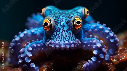 A colorful octopus with vibrant blue and orange designs on its head