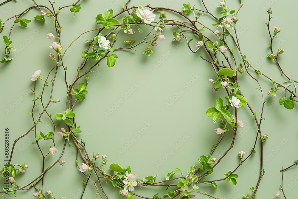 circle made from multiple twisted vines, flowers, green background
