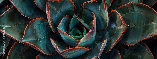 A top view of an agave plant with vibrant green leaves and dark red edges, photo