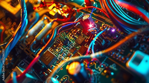 Vivid close-up of a complex circuit board with illuminated components and wires © Yusif