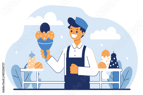 Smiling worker serving ice cream outside