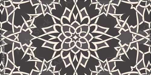 An elegant Islamic pattern of various geometric shapes creates an intricate and symmetrical design in light gray on a dark grey background  suitable for seamless decoration or packaging use.