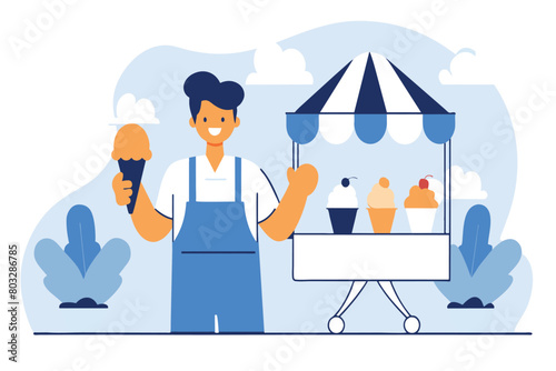 A smiling vendor holding ice cream beside a kiosk