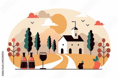 A scenic vineyard landscape with a church and wine