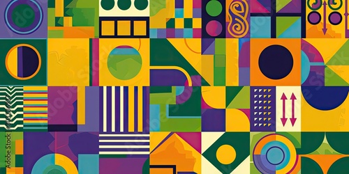 Design an illustration with bold geometric shapes and vibrant colors  suitable for creating artwork or posters. The design should feature symmetrical patterns of squares  circles.