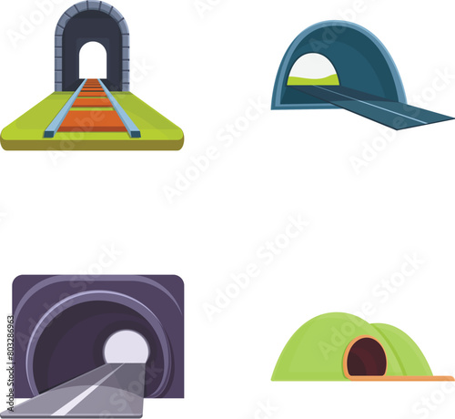 Road tunnel icons set cartoon vector. Interior of walkway tunnel road. Infrastructure concept