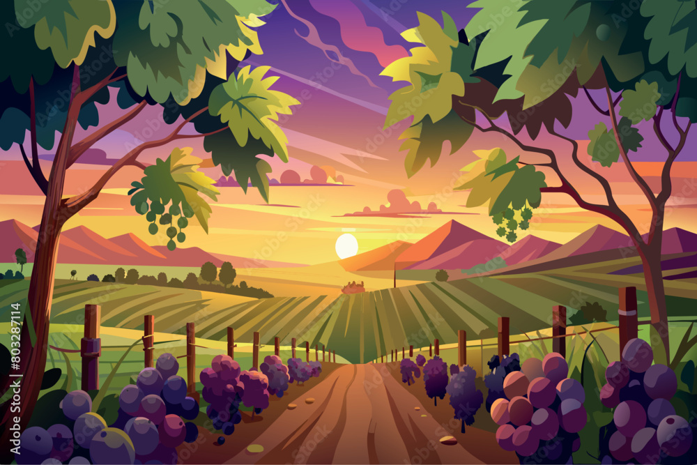 Fototapeta premium A painting depicting a vibrant sunset casting warm hues over a vineyard with grapevines and rolling hills