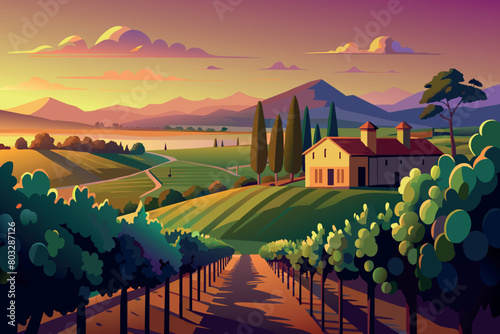 A tranquil vineyard bathed in the warm glow of sunset