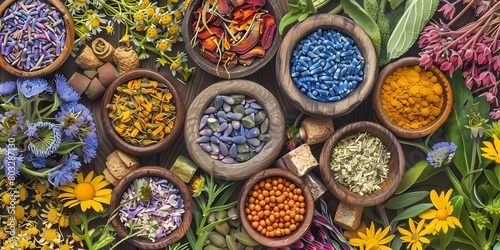 Alternative medicine with medicinal herbs background picture, 