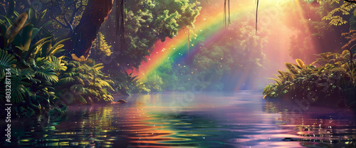 A tranquil riverbank lined with lush vegetation  where a vivid rnbow emerges from behind the trees  casting its iridescent glow upon the water s surface.
