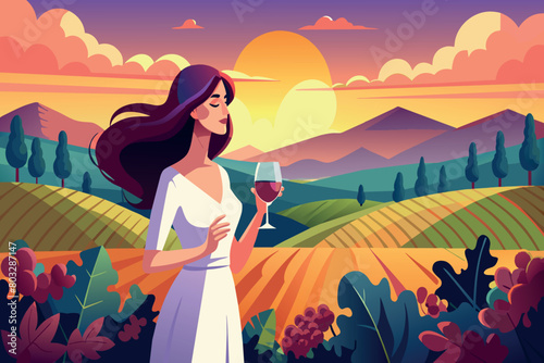 Lady savoring wine in scenic vineyard during golden hour