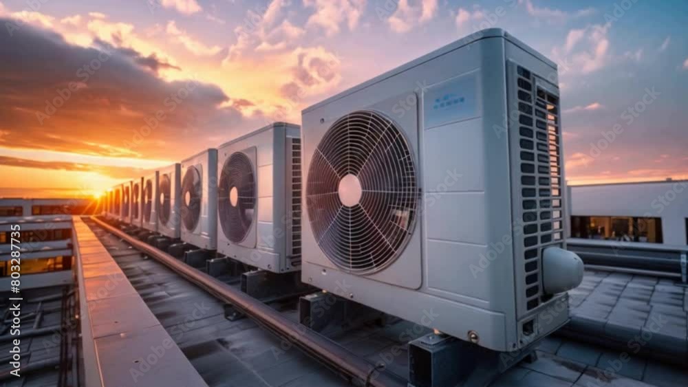 Air condenser unit located on roof deck building to heat released transferred to surrounding environment, Compressor is part of cooling function and air conditioning HVAC systems.