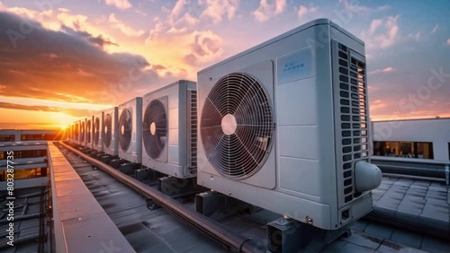 Air condenser unit located on roof deck building to heat released transferred to surrounding environment, Compressor is part of cooling function and air conditioning HVAC systems.