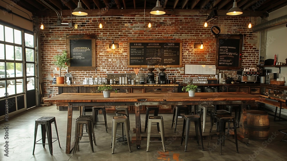 Modern Industrial Cafe Design with Exposed Brick Walls, generative ai