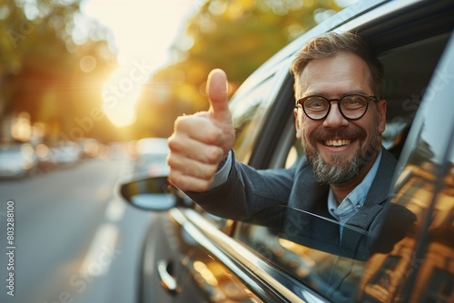 Successful businessman in suit driving luxury car, smiling and giving thumbs up, close up view © Ilja