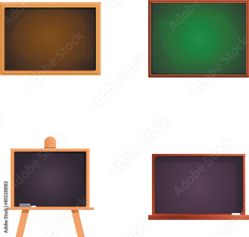 Wooden chalkboard icons set cartoon vector. Black and green blackboard in frame. School equipment, education concept