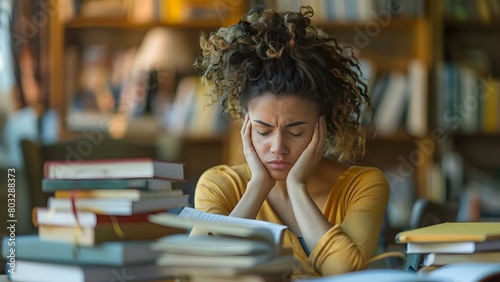 Woman overwhelmed by books papers and time management balancing work and art. Concept Woman, Overwhelmed, Books, Papers, Time Management, Work, Art photo