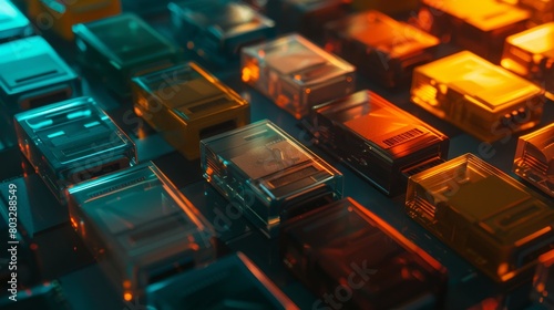 Artistic close-up view of vintage USB drives illuminated in vibrant hues