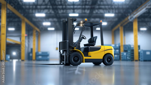 Modern yellow electric forklift parked neatly in a clean organized warehouse a symbol of efficient industrial work